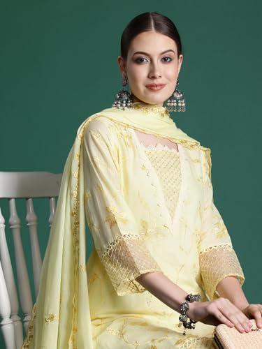 Image of INDO ERA Women's Embroidered Pure Cotton Straight Kurta & Pant with Dupatta Set (IEPND6082)