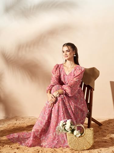 Image of Miss Chase Women's Multicolored-Base-Brown Relaxed Fit Maxi Lurex Chiffon Dress