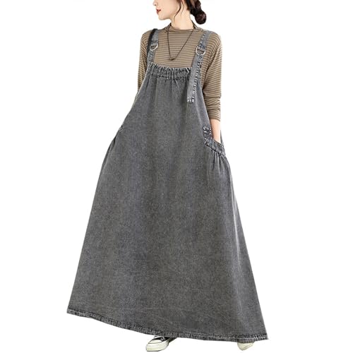 Image of Women's Casual Loose Denim Dress Sleeveless Adjustable Straps Denim Jumper Dress with Pockets
