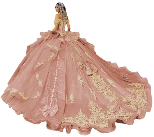 XYAYE Glitter Tulle Quinceanera Dresses with Bow Gold Lace Off Shoulder Sweet 16 Dresses Puffy Beaded Layered 15 Dresses