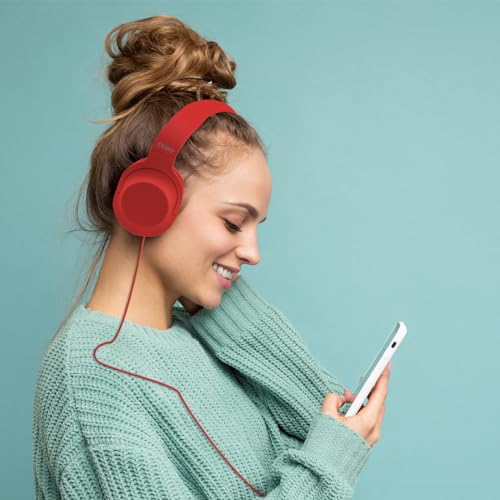 Image of Coby Super Bass Over Ear Headphones w /Adjustable Headband | 3.5 mm AUX in w /Remote | On Ear Headset MP3 Audio Device | One-Touch Answer Button, Built-in Mic (Red)