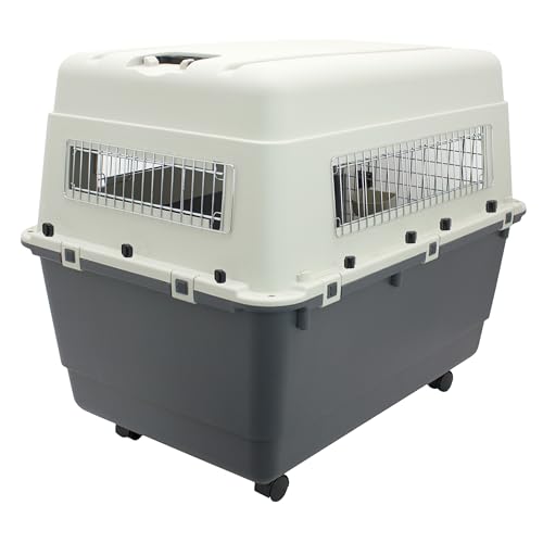 Image of SportPet Airline Compliant XX-LARGE 39 inch Travel Dog Kennel-Durable Plastic Airline Pet Carrier w / Removable Wheels & Food Bowls, Collapsible Indoor /Outdoor Dog Kennel, Dogs up to 36 inchL & 27 inchH-Cream /Gray