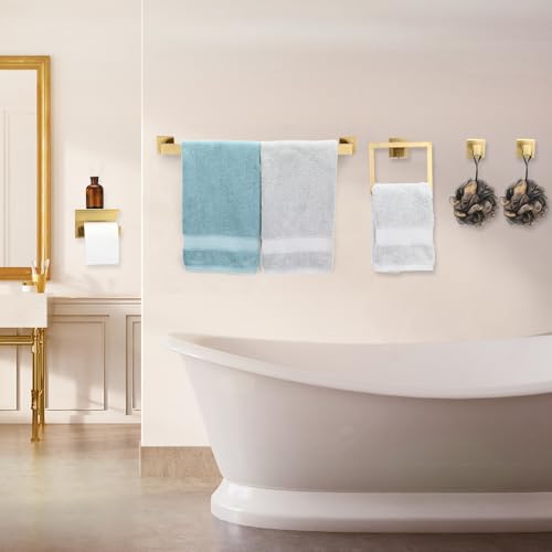 Image of 15 Pcs Bathroom Accessories Set, 24 Inch Bathroom Hardware Set, Stainless Steel Bath Towel Bar, Towel Racks, Robe Hook, Toilet Paper Holder with Phone Shelf Wall Mounted for Gifts (Gold)