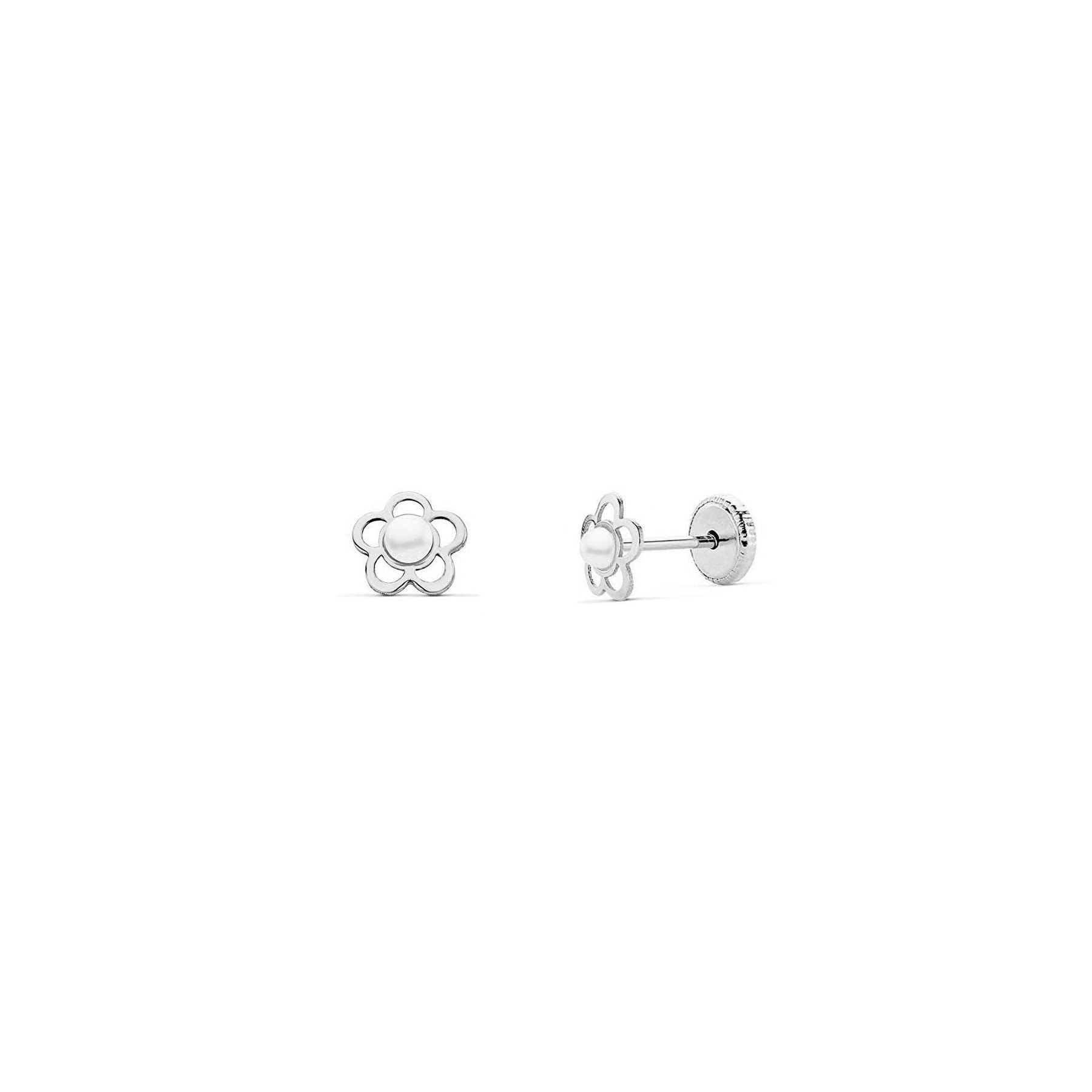 Pendientes Oro Blanco Bebe o Niña Margarita Calada con Perla (9kts) - Estuche Regalo - Certificado de Garantía - Mondepetit