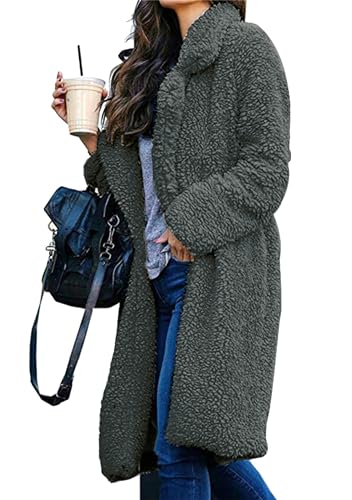 YMING Ladies Winter Jacket Long Warm Coats Wool Blend Jacket Soft Teddy Fleece Coat Faux Fur Coat Dark Grey 2XL