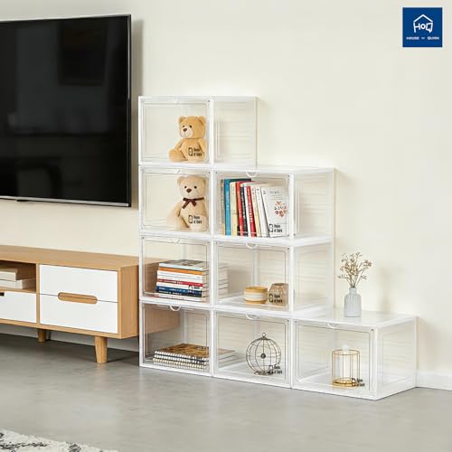 Image of House of Quirk Organizer, Storage Boxes With Magnetic Door, Large Clear Stackable Plastic Containers for Shoes (8Box, White)