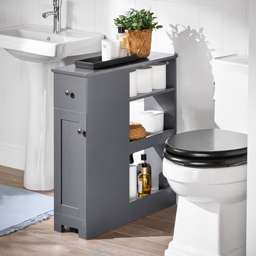 Haotian Toilet Paper Holder on Wheels Bathroom Storage Cabinet with Drawer Narrow Side Unit, Gray BZR106-DG