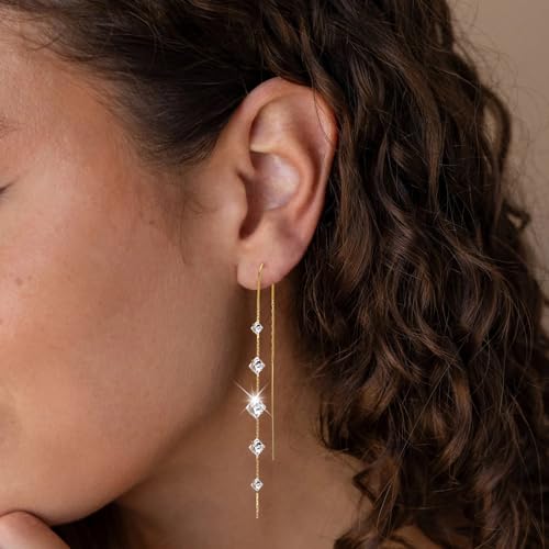 Gold Dangle Earrings for Women, 14K Threader Long Chain Drop Earrings Dangling Dainty Elegant Ear Chain with Tassel and Cubic Zirconia for Wedding Trendy Jewelry Gifts2