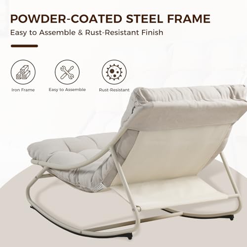 Grand patio schaukelstuhl Outdoor mit Kissen, Schaukelliege Wetterfester Relaxstuhl aus Metall für Garten, Wohnzimmer, Hof, Terrasse und Balkon, bis 150 kg Belastbar-Cremeweiß