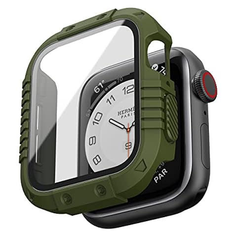 GELISHI Hard Case Compatible with Apple Watch Case 44mm, Rugged Protective Case Cover with Tempered Glass Screen Protector for Watch SE/Series 6 5 4, Army Green Cover
