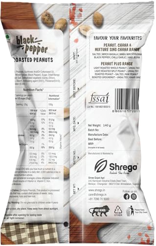 Image of SHREGO Black Pepper Roasted Peanuts, Healthy Namkeen and Snacks, Pack of 5, 700G (5X140G)