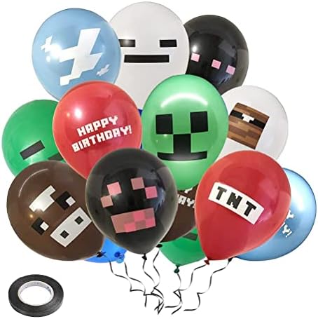 kuou 24 Pcs Minecraft Balloons with 1 Roll Ribbons(0.5cm*5m), 12 inch Minecraft Party Supplies Decorations for Birthday Minecraft Gaming Theme Birthday Balloons for Boys