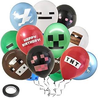 kuou 24 Pcs Minecraft Balloons with 1 Roll Ribbons(0.5cm*5m), 12 inch Minecraft Party Supplies Decorations for Birthday Minecraft Gaming Theme Birthday Balloons for Boys