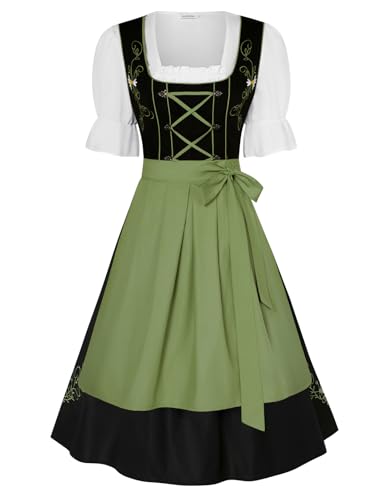 JASAMBAC Women's Oktoberfest Outfits, 3 Piece German Bavarian Dirndl Dress, Traditional Halloween Costumes, Black-Green L