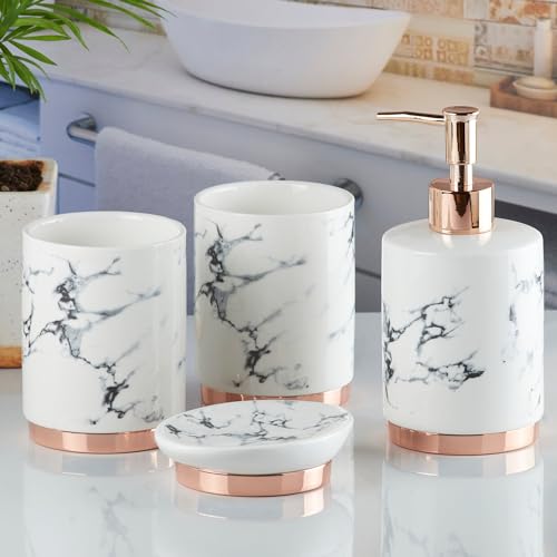 Image of SaSaSa Ceramic Bathroom Accessories Set of 4 Modern Bath Set with Soap Dispenser & Toothbrush Holder, Luxury Home & Gift Idea, White /Gold (9600)