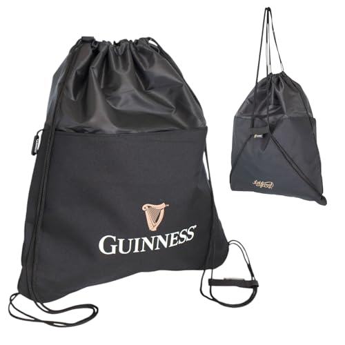 Guinness Official Drawstring Bag Black Water-Resistant Sports & Gym Sack with Zip Pocket | Lightweight Backpack for Football Travel & Everyday Use | Licensed Guinness Merchandise 47x41cm