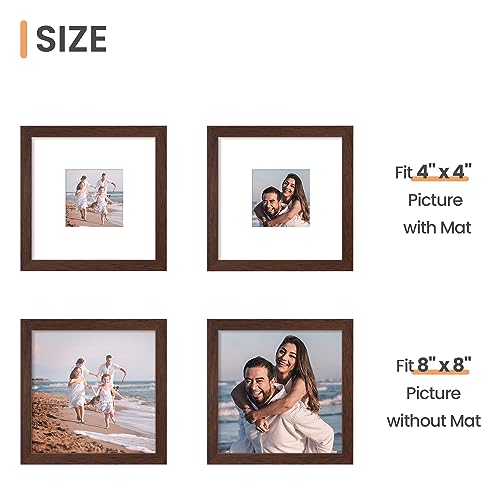 Image of upsimples 8x8 Picture Frame, Display Pictures 4x4 with Mat or 8 x 8 Without, Wall Hanging Photo Frames, Brown, 1 Pack