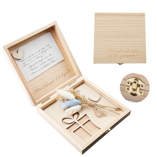 Shuqio Caja de Madera para Regalo de Dinero en Bodas, Caja de Recuerdos con Flores Secas y Bloc de Notas para Novios, Ideal como Regalo Original de Boda
