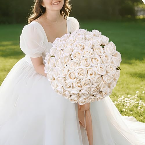 Image of INSPRING 50 PCS Champagne Roses Artificial Flowers with Long Stems | Real Looking, Fake Roses, Silk Flowers, DIY Bouquet, Wedding Party Celebration Home Bridal Decoration Gift, for Her Wife