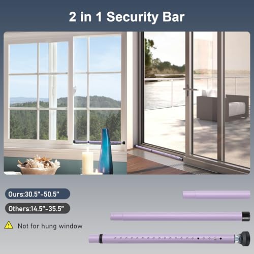 Image of Sliding Door Security Bar, 17.7-50.5inch Heavy Duty Adjustable Sliding Patio Door Lock Bar with Rubber Tips,Diameter 1inch Window Security Bar for Home Apartment Travel Children Women (Purple)
