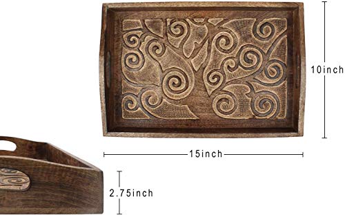 S.B.ARTS Hand Carved Wooden Breakfast Serving Tray-Tree Engraving-Tray for Serving Tea Coffee Snack Dessert-Kitchen Dining ServeWare- Home Decor Accessories-Ideal Gift for Loved One-15.0x10.0 inches