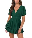Nova In Sky Emerald Green Women's Cocktail Mini Beach Dresses Sexy V Neck Short Puff Sleeve Tie Waist Pleated Swing A-Line Dress