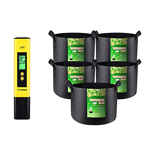 VIVOSUN pH Meter Digital Tester for Water, 5-Pack 5 Gallon Grow Bags Nonwoven Plant Fabric Pots with Handles