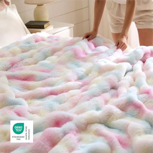 Image of Bedsure Fluffy Bubble Faux Fur King Blanket, 104 inchx90 inch, Tie-dye Rainbow