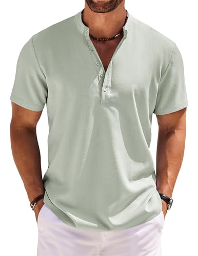 COOFANDY Mens Linen Henley Shirt Short Sleeve Casual Summer Beach Henley Band Collar Hippie Fashion Textured Henley Light Green