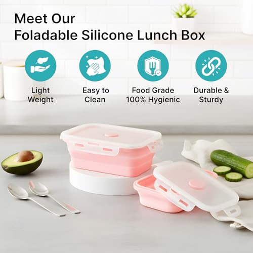 Image of The Better Home Silicone Lunch Boxes | Airtight Foldable | Pack of 3 | 1200ml, 800ml, 500ml | Lightweight, Microwave Safe, Travel-Friendly | Pink | Perfect for Kids, Office, School.