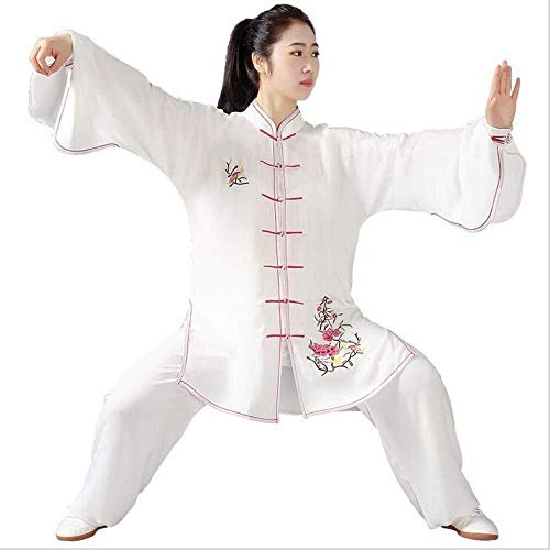 Tai Chi Clothing Women，men Tai Chi Clothing Women Cozy Breathable Tai Chi Uniform Traditional Chinese Standing Collar Embroidery Loose Polyester Kungfu Clothes Martial Arts Clothing,White-Large