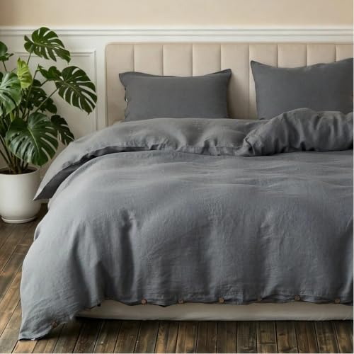 Simple&Opulence 100% Linen Duvet Cover Set, 3 Pieces Belgian Flax Breathable Bedding, 1 Comforter Cover+2 Pillowshams with Coconut Button Closure(King,Smoky Gray)