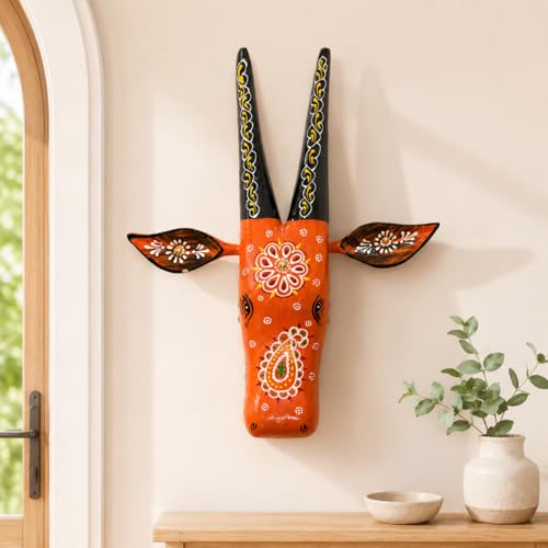Image of STREET CRAFT - Handcrafted Wooden Multicolor Cow Head Wall Hanging | Handpainted Indian Ethnic Wooden Craft | Decorative Animal Face Mask for Home Decoration | Nandi Style Wall Hanging Sculpture