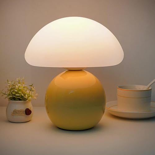 Aerizonix Mushroom Table Lamp, Small Dimmable Table Lamp with Ceramic Base, Bedside Lamp for Bedroom, Living Room, Cute Unique Home Decor, Ideal Gifts with 3 Lights (Yellow)