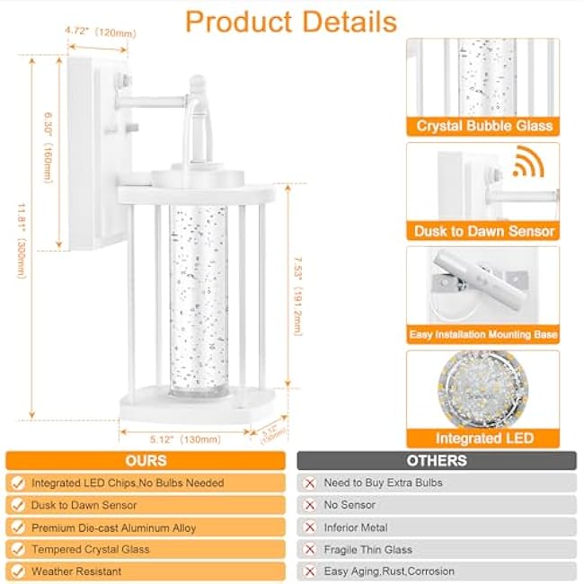 1 Pack Dusk to Dawn Exterior Lighting Fixtures, 10W LED Modern Outdoor Wall Lights Sconce with Crystal Bubble Glass, White Wall Mount Outdoor Porch Lighting Fixtures for House,Front Door,Garage