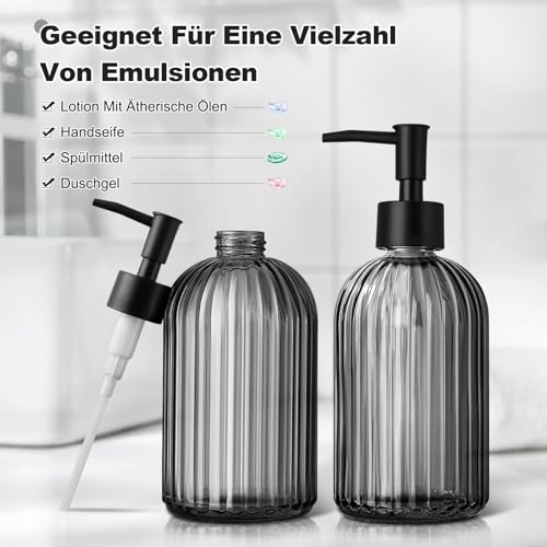 GMISUN Seifenspender, 425ml Schwarz Seifenspender Glas, 2 Stück Soap Dispenser Mit Pumpe, Modern Gestreifter Spülmittelspender Für Bad Und Küche, Pumpspender, Flüssigseifenspender 5