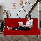 Armless Sofa Bed Cover, Red Stretchable Futon Slipcovers for Living Room, Lightweight Armless Sofa C