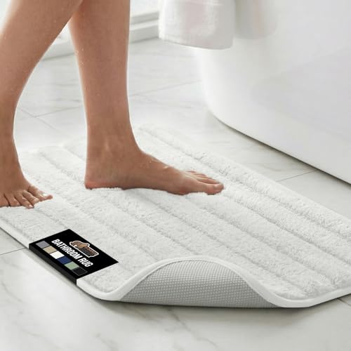 Image of GORILLA GRIP Memory Foam Bathroom Rugs, Soft Absorbent Textured Rubber Backing Striped Bath Mat, Machine Washable Quick Dry Cushioned Floor Mats, Shower Rugs Home Decor Accessories, White 40x24