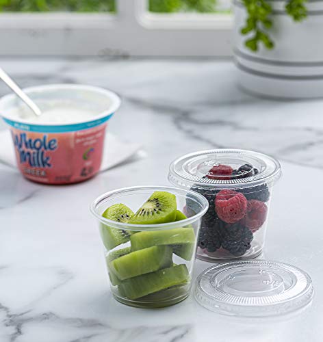 Image of Clear Disposable Plastic Portion Cups With Lids (100 Sets - 5.5 Oz) - Condiment, Sauce /Dip /Dressing, Souffle & Jello Shot Cups for Thanksgiving
