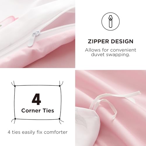 Image of Floral Duvet Cover Set Twin Size,Pink Tulip Bow Ties Reversible Bedding Set with Heart Pattern for Girls Kids,Romantic Microfiber Comforter Cover 2Pcs with Zipper Closure and 1 Pillowcase