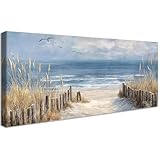 Marco de Madera Grandes Cuadros Decoracion Salon Costa Azul Océano Playa de Arena Pintura Paisaje Marino Juncos Gaviota Lienzo Decorativos Pintura Imagen Cuadros Decorativos Salon Dormitorio 50x120cm
