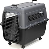 SportPet Airline Compliant X-LARGE 32.25" Travel Dog Kennel-Durable Plastic Airline Pet Carrier w/Removable Wheels & Food Bowls, Collapsible Indoor/Outdoor Dog Kennel, Dogs up to 32"L & 23"H-Dark Gray