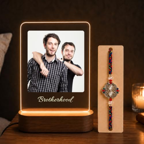 Image of Giftplease Customized Photo Printed Acrylic LED Lamp Rakhi Gift Combo for Brother & Bhaiya | Premium Rakshabandhan Gift Set with Designer Rakhi, Roli Chawal Tikka Pack & Greeting Card for Brother