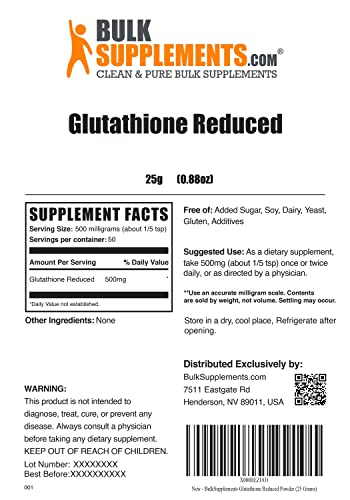 Bulksupplements.com Glutathione Reduced Powder (Reduced Glutathione) - For Antioxidant & Liver Support - Gluten Free, Soy Free - 500Mg Per Serving (25 Grams - 0.88 Oz) #TOP1