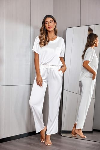 Image of Ekouaer Womens Satin Silky Pajama Set Short Sleeve Shirt with Long Pajama Pant Set Soft PJ Loungewear