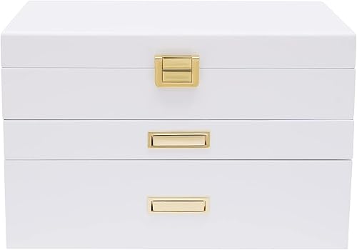 Miniatura 8 de LOYALHEARTDY Joyero de madera grande de 3 capas, organizador grande de joyería para mujeres, 2 cajones de almacenamiento para anillos, collares,