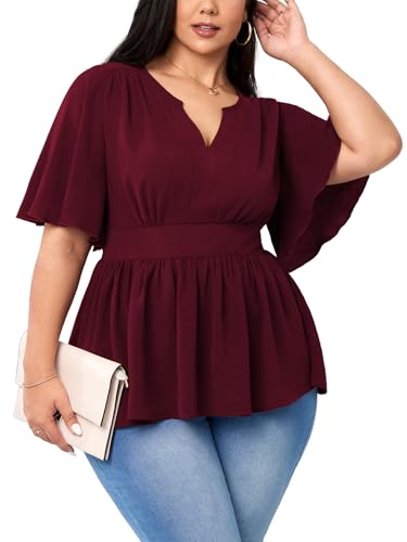 Women's Plus Size Peplum Tops V Neck Short Sleeve Summer Tops Babydoll Dressy Casual Top
