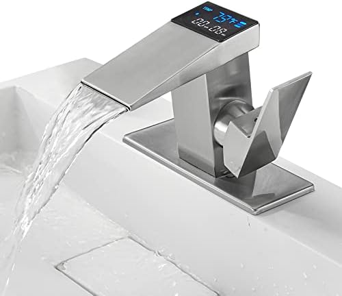 LOOPAN LED Bathroom Sink Faucet 1 Hole 1 Handle Faucet Waterfall Temperature Display Brushed Nickel Hydraulic Power, Bathroom Sink Mount Vanity Faucet Lead-Free Commercial Residential