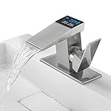 LOOPAN LED Bathroom Sink Faucet 1 Hole 1 Handle Faucet Waterfall Temperature Display Brushed Nickel