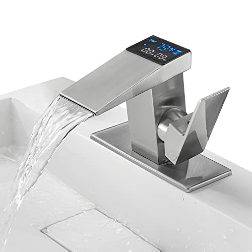 Loopan Led Bathroom Sink Faucet 1 Hole 1 Handle Faucet Waterfall Temperature Display Brushed Nickel Hydraulic Power, Bathroom Sink Mount Vanity Faucet Lead-Free Commercial Residential #TOP20